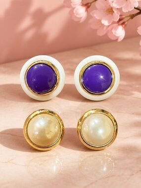 Vintage Round Pearl and Purple Statement Earrings